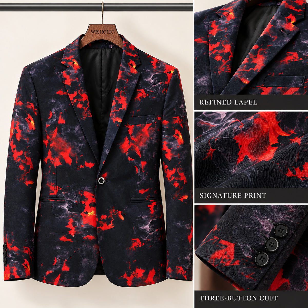 Wisholic suit jacket craftsmanship details highlighting refined notched lapel, signature print, and three-button cuffs