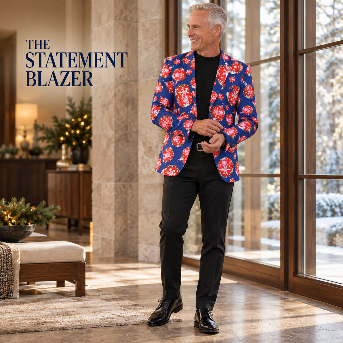 WISHOLIC men's blue Christmas ornament blazer styled with a black knit sweater, black trousers and dress shoes.