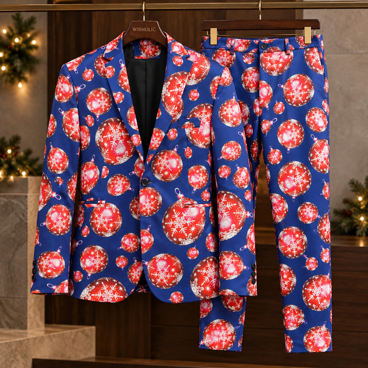 WISHOLIC men's blue Christmas two-piece suit featuring a red ornament print blazer and matching trousers displayed on wooden hangers.