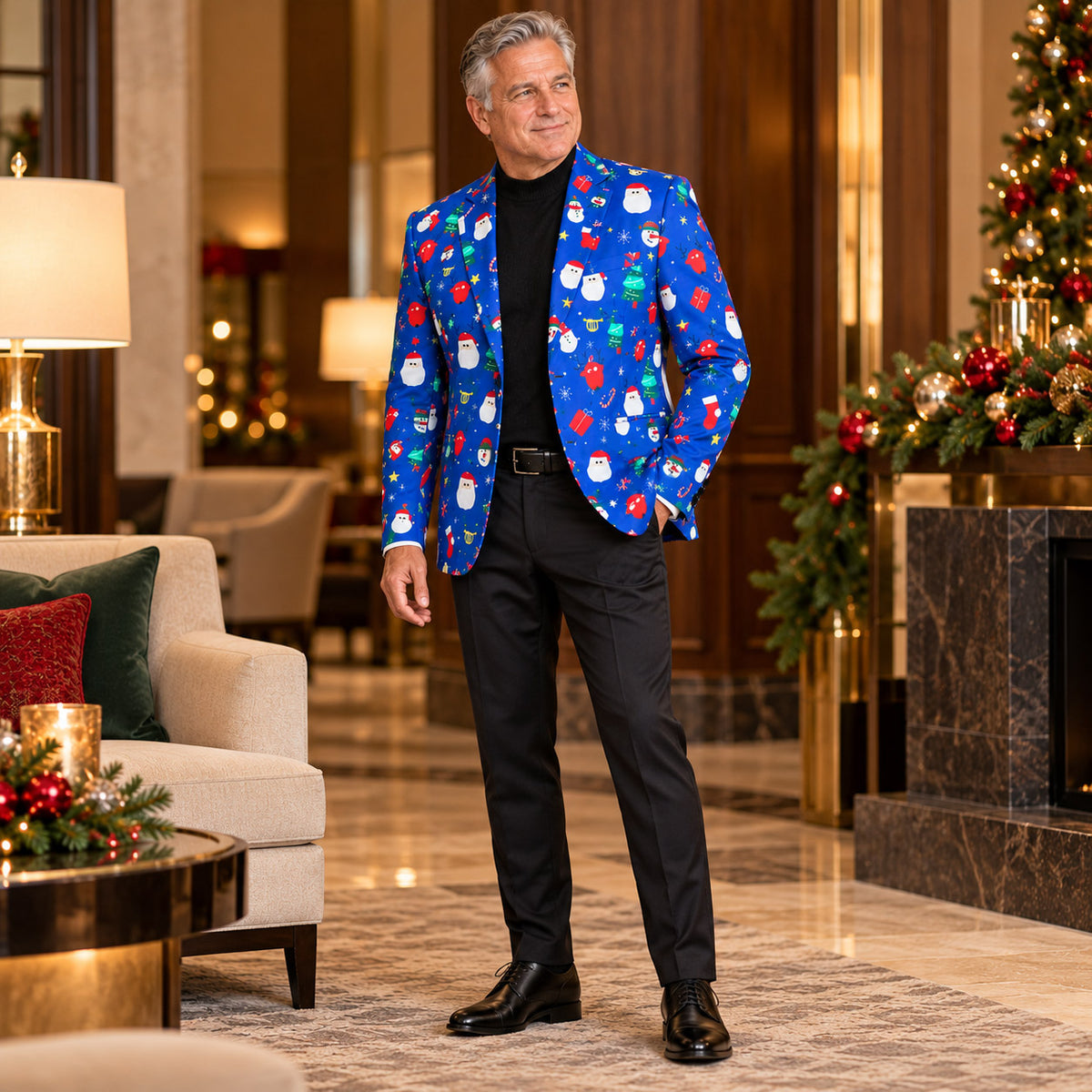 Wisholic Christmas print blazer jacket paired with black turtleneck sweater and formal black trousers for holiday dinner.
