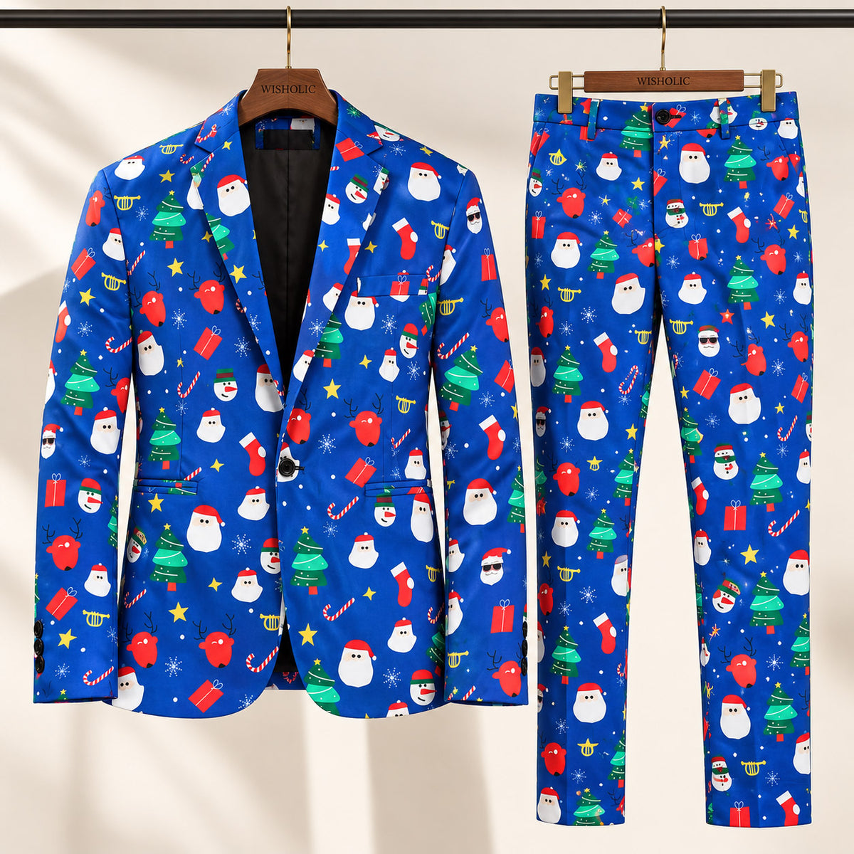 Wisholic holiday novelty suit set with tailored 2-piece printed blazer and matching pants in vibrant blue Christmas motif.