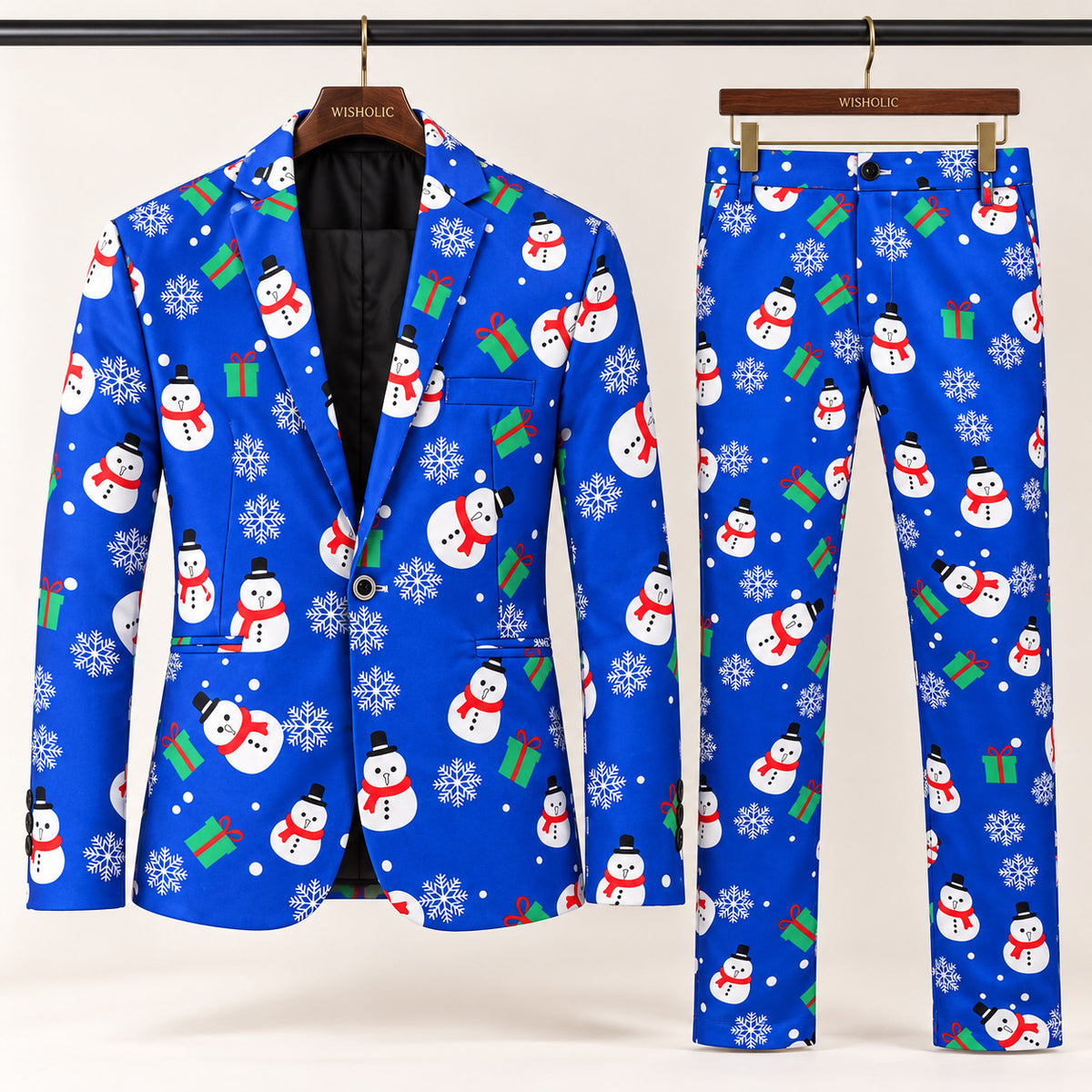 Wisholic 2-piece men's holiday suit set with blue snowman snowflake printed jacket and matching trousers on hanger
