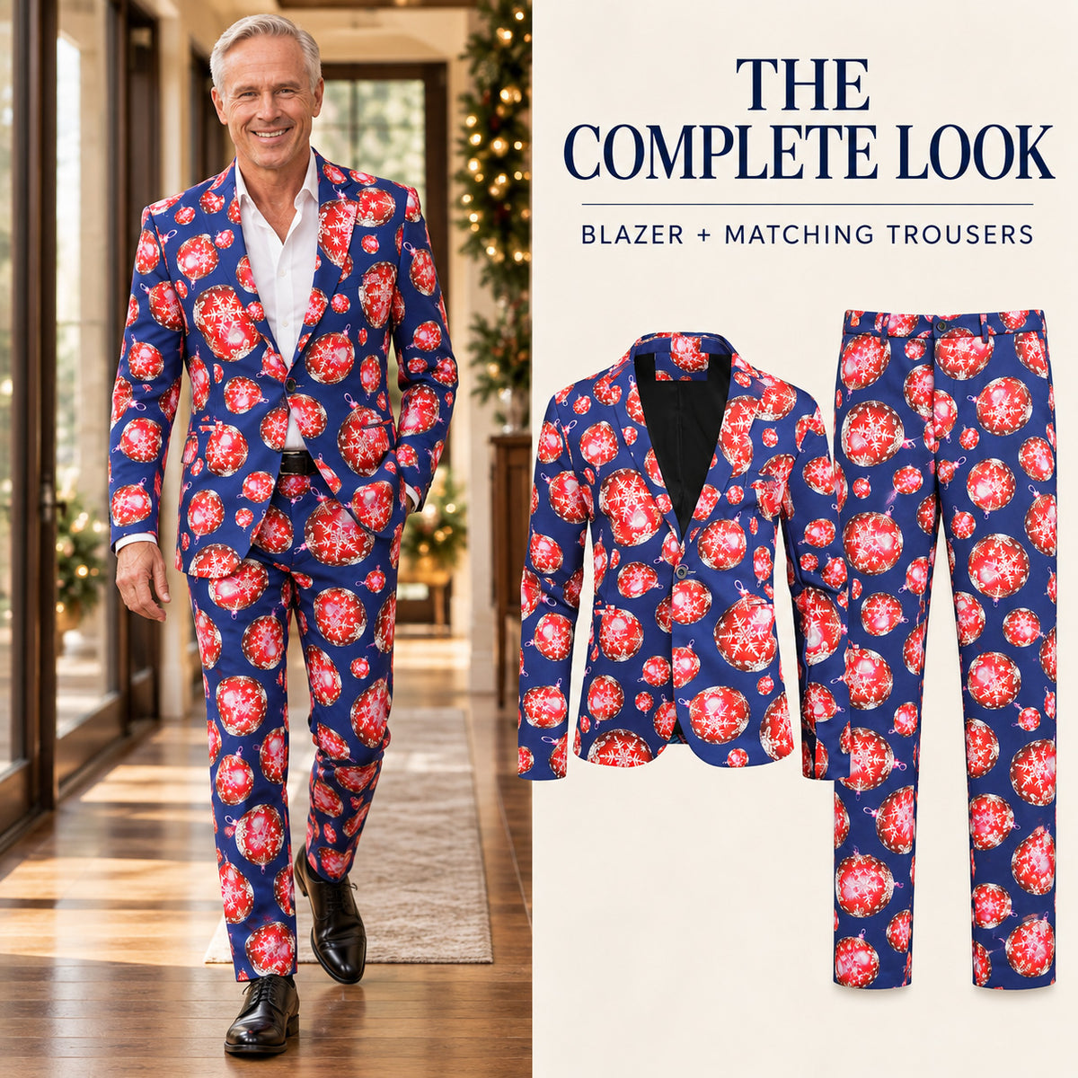 WISHOLIC blue Christmas ornament suit showing a complete men's holiday outfit with a matching printed blazer and trousers.