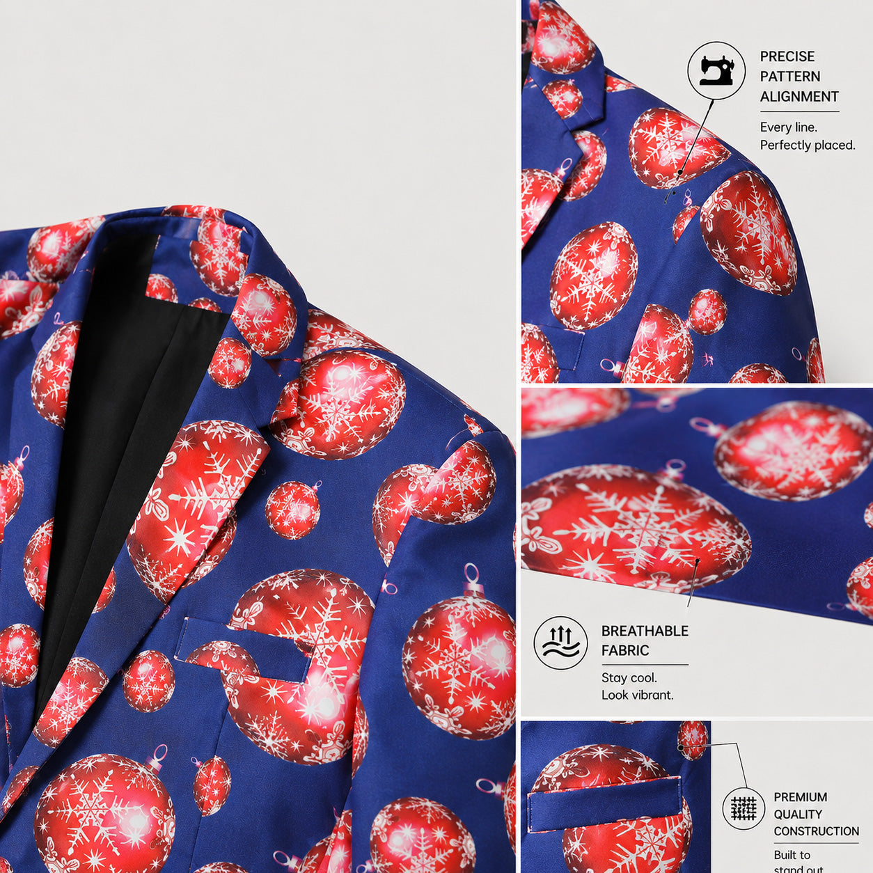 Close-up design details of Wisholic blue Christmas blazer showing precise pattern alignment and breathable fabric