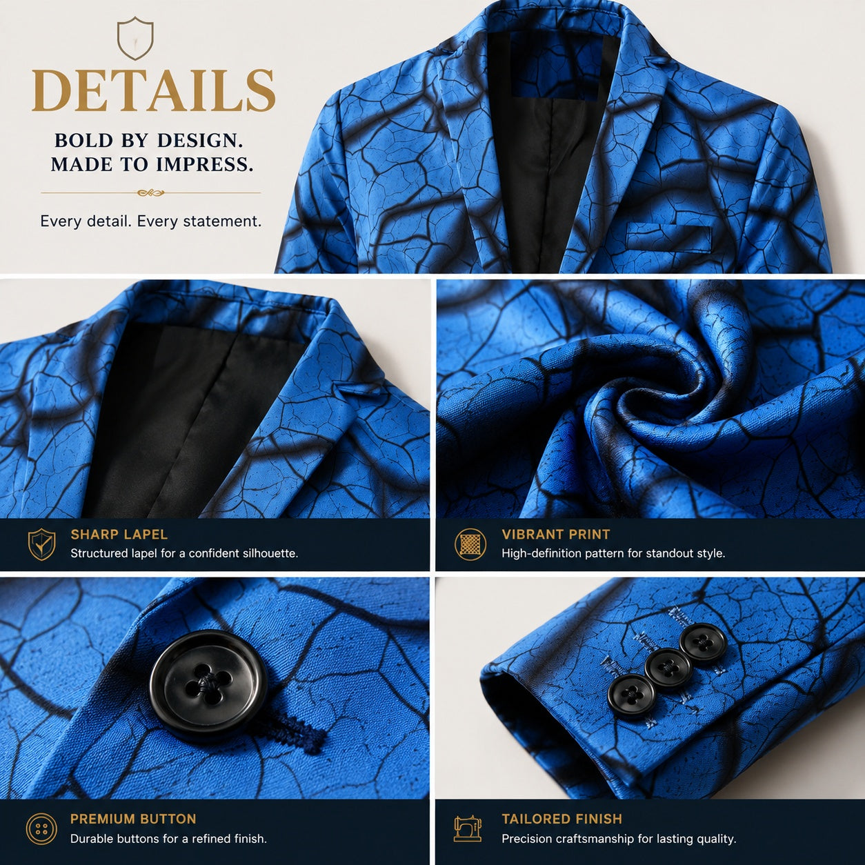 Close-up details of WISHOLIC blue suit: showcasing the vibrant print, sharp lapel, premium buttons, and precision tailored finish.