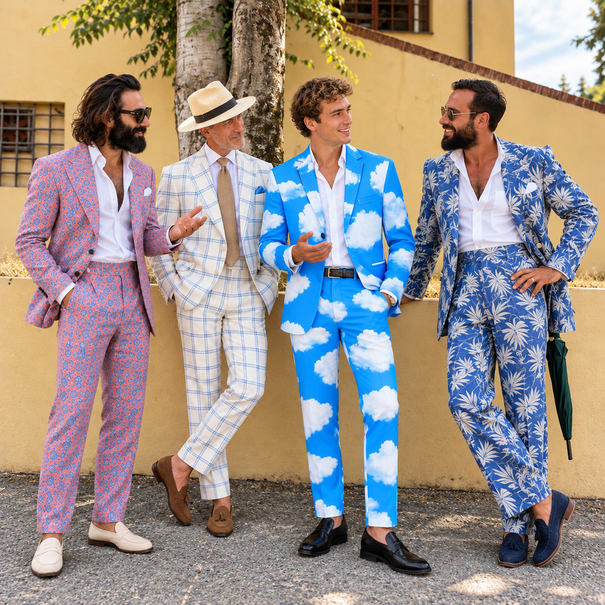 Group of stylish men wearing Wisholic unique printed suits including the blue sky white clouds statement blazer and pant set.