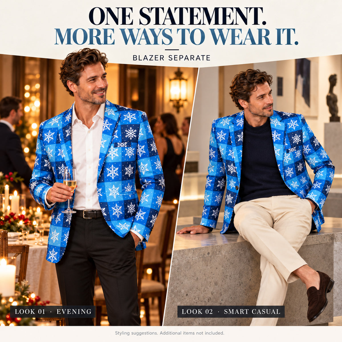 Wisholic men's blue snowflake blazer styled two ways for evening party and smart casual holiday outfits