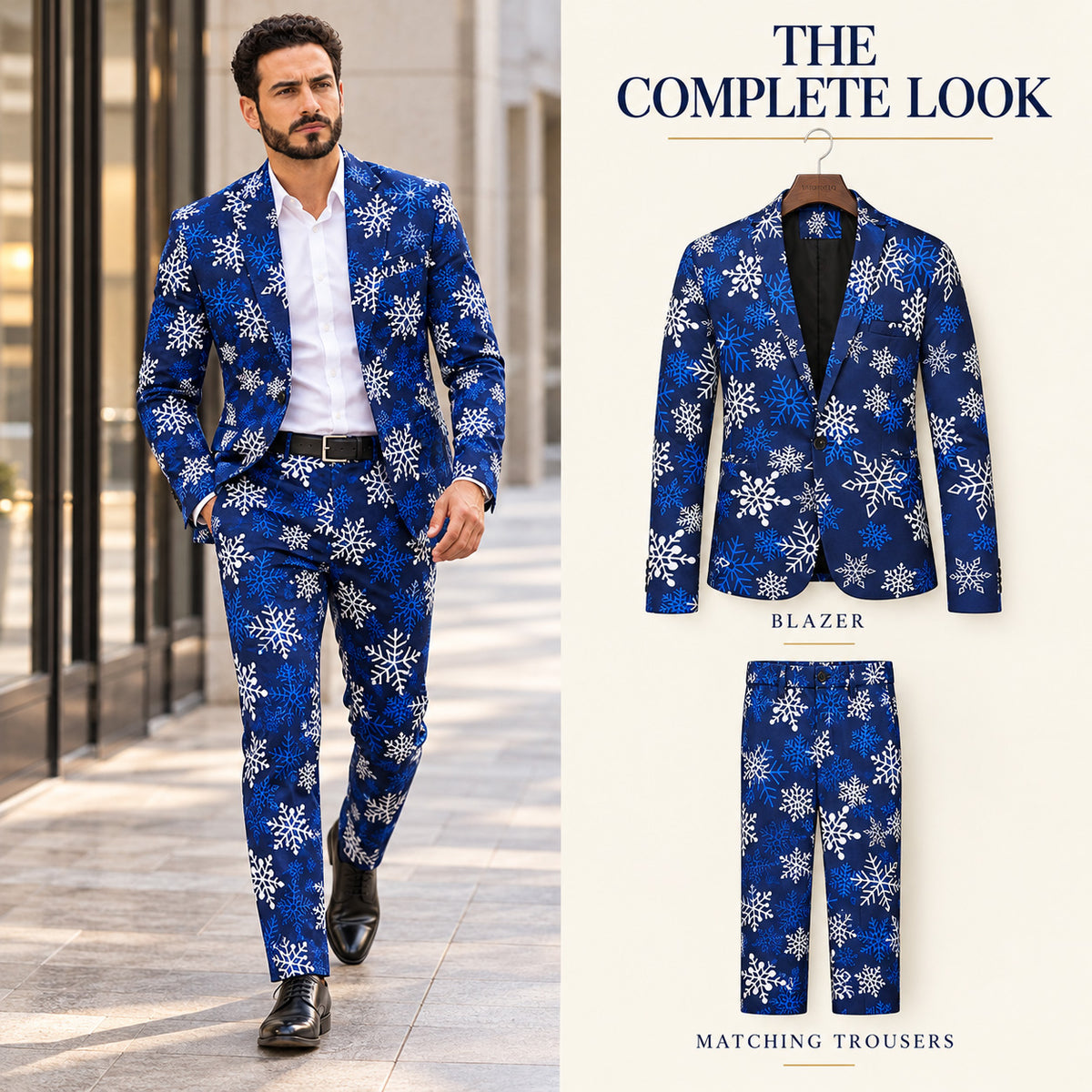 WISHOLIC men's blue snowflake Christmas blazer styled with a black knit sweater and black trousers for a refined winter look.