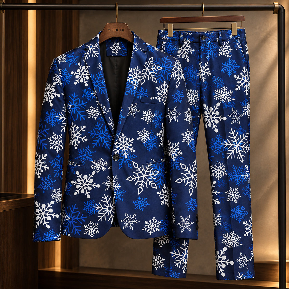WISHOLIC men's blue snowflake Christmas two-piece suit displayed on wooden hangers, featuring a printed blazer and matching trousers.