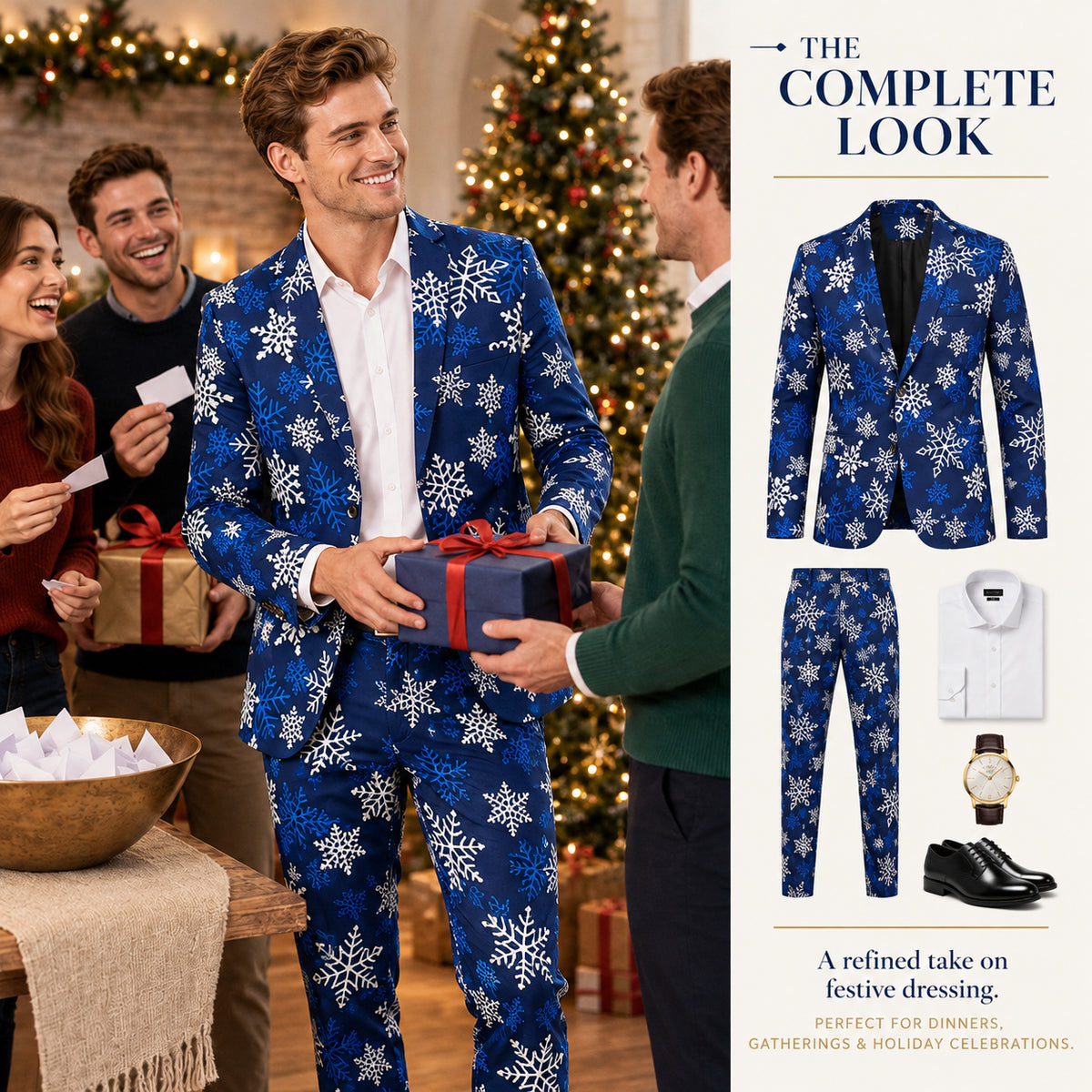 Complete festive look guide for Wisholic blue snowflake printed suit paired with white dress shirt, leather watch, and black shoes.