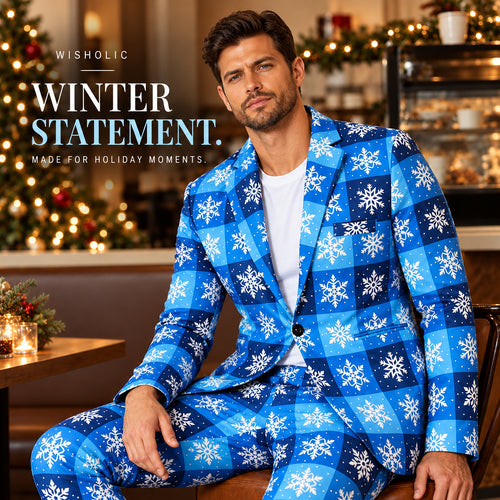 Wisholic winter statement men's blue snowflake printed Christmas suit jacket and pants seated in a cozy holiday restaurant