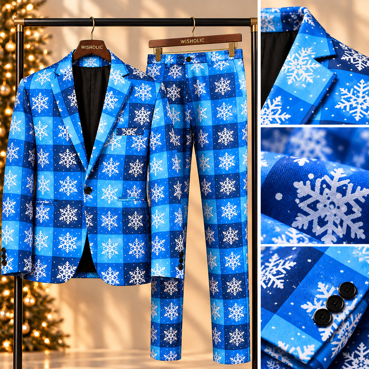 Wisholic men's blue snowflake plaid 2-piece Christmas suit set with close-up fabric texture and cuff button details