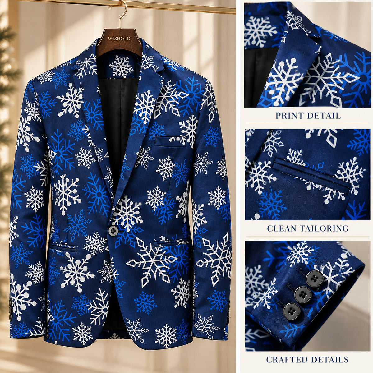 Close-up design details of Wisholic men's blue snowflake printed blazer including lapel print, tailored pocket, and cuff buttons.