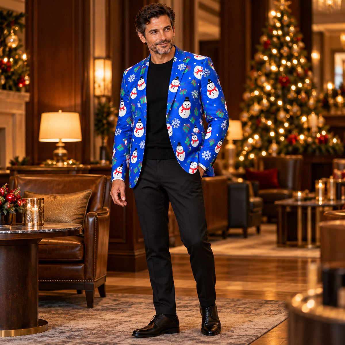 Wisholic men's blue snowman holiday blazer styled casually with a black sweater and trousers in a festive lounge