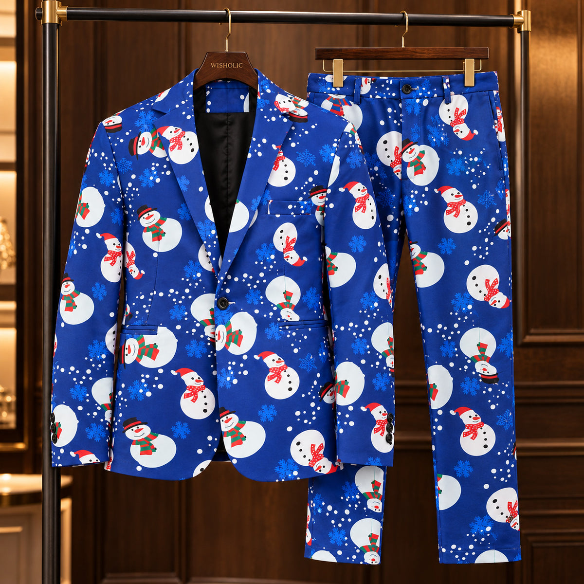WISHOLIC blue snowman Christmas suit featuring a matching printed blazer and trousers displayed on wooden hangers.