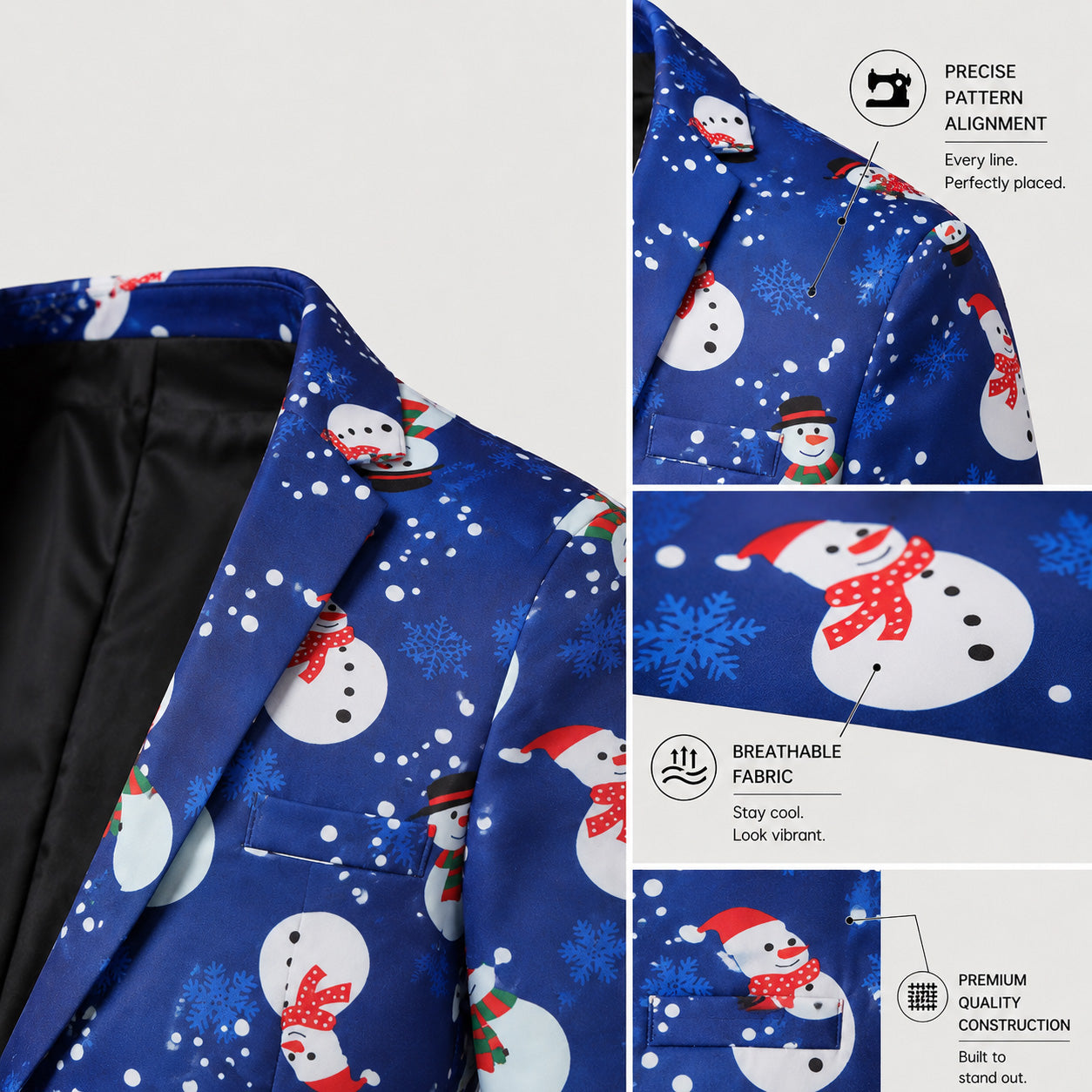 Close-up detail of Wisholic men's blue snowman Christmas suit jacket showing premium pattern alignment and breathable fabric