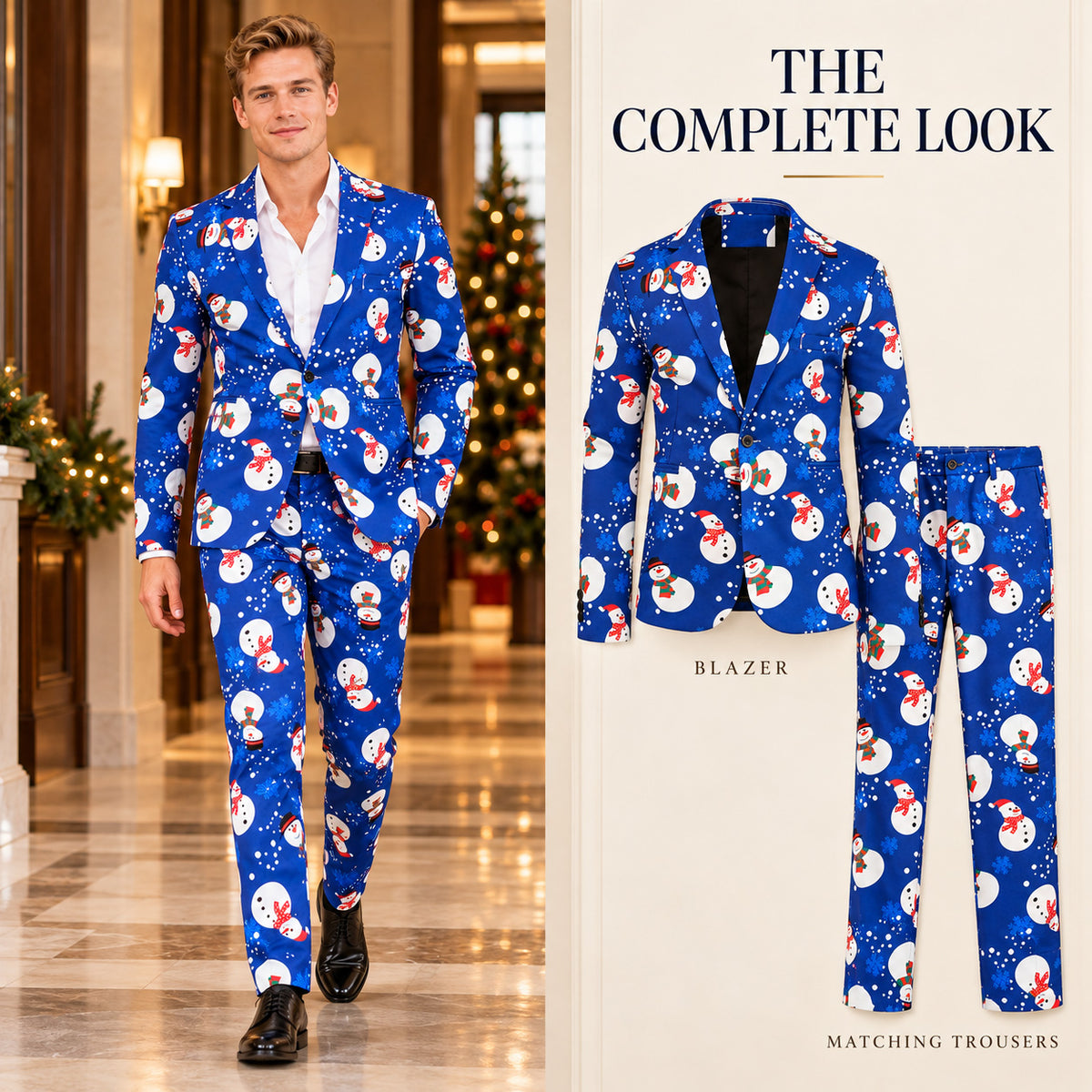 WISHOLIC blue snowman Christmas two-piece suit showing the complete outfit with matching blazer and trousers.