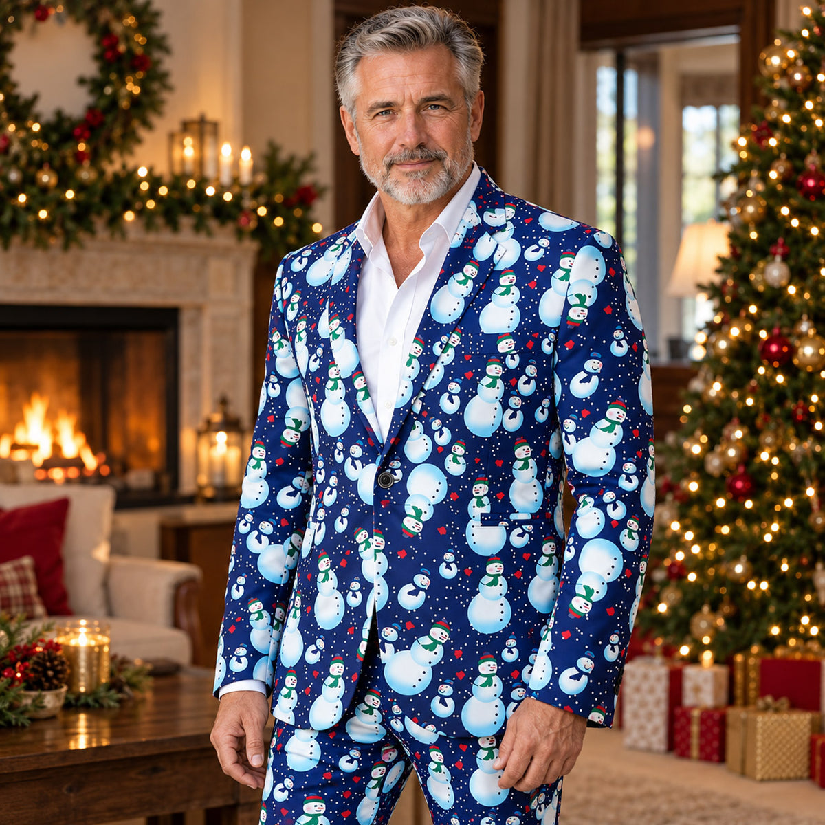 Wisholic men's blue snowman print Christmas suit jacket and trousers worn in a cozy holiday living room by the fireplace
