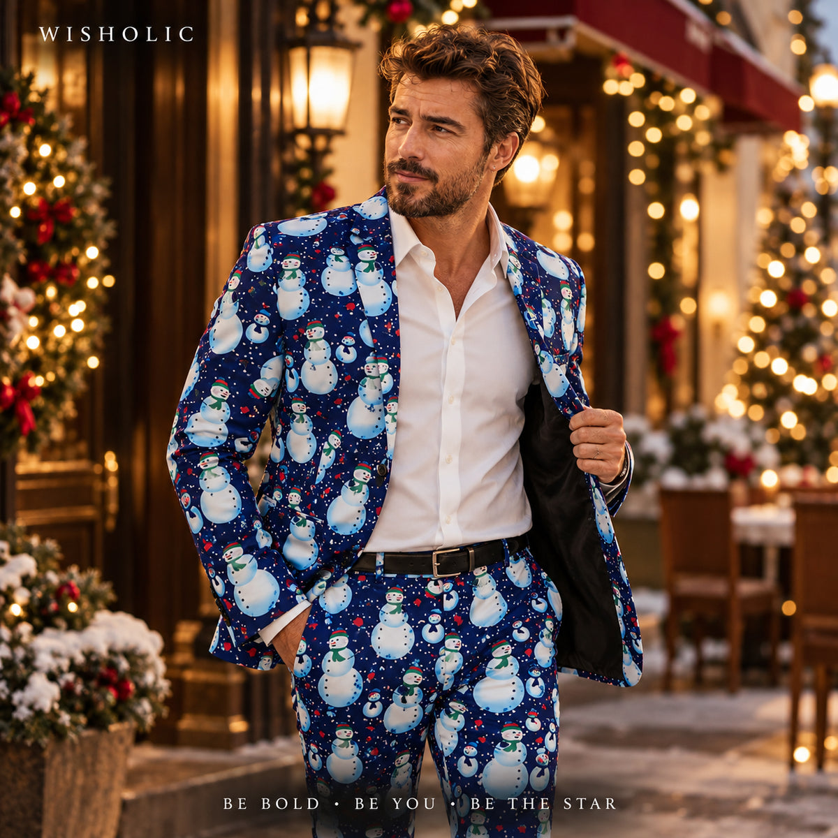 Model opening jacket of Wisholic blue snowman printed holiday suit outdoors on a festive street, showcasing sleek lining and tailored fit.