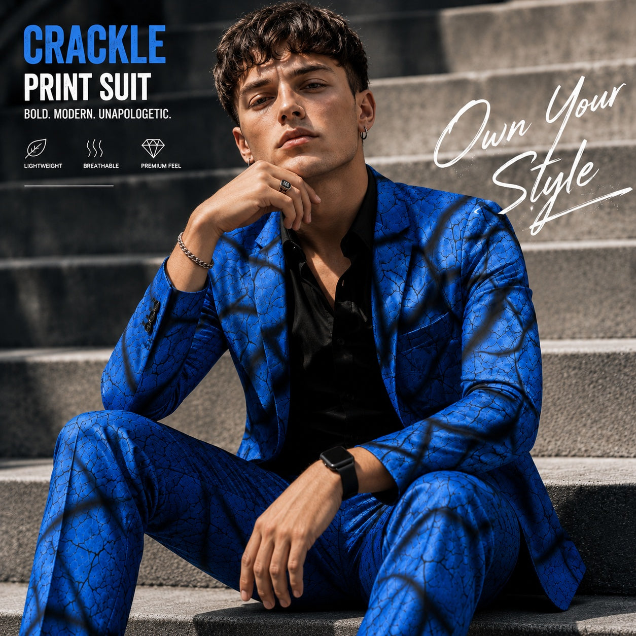 Close-up of a male model wearing WISHOLIC crackle print suit, emphasizing the bold design and premium breathable fabric feel.