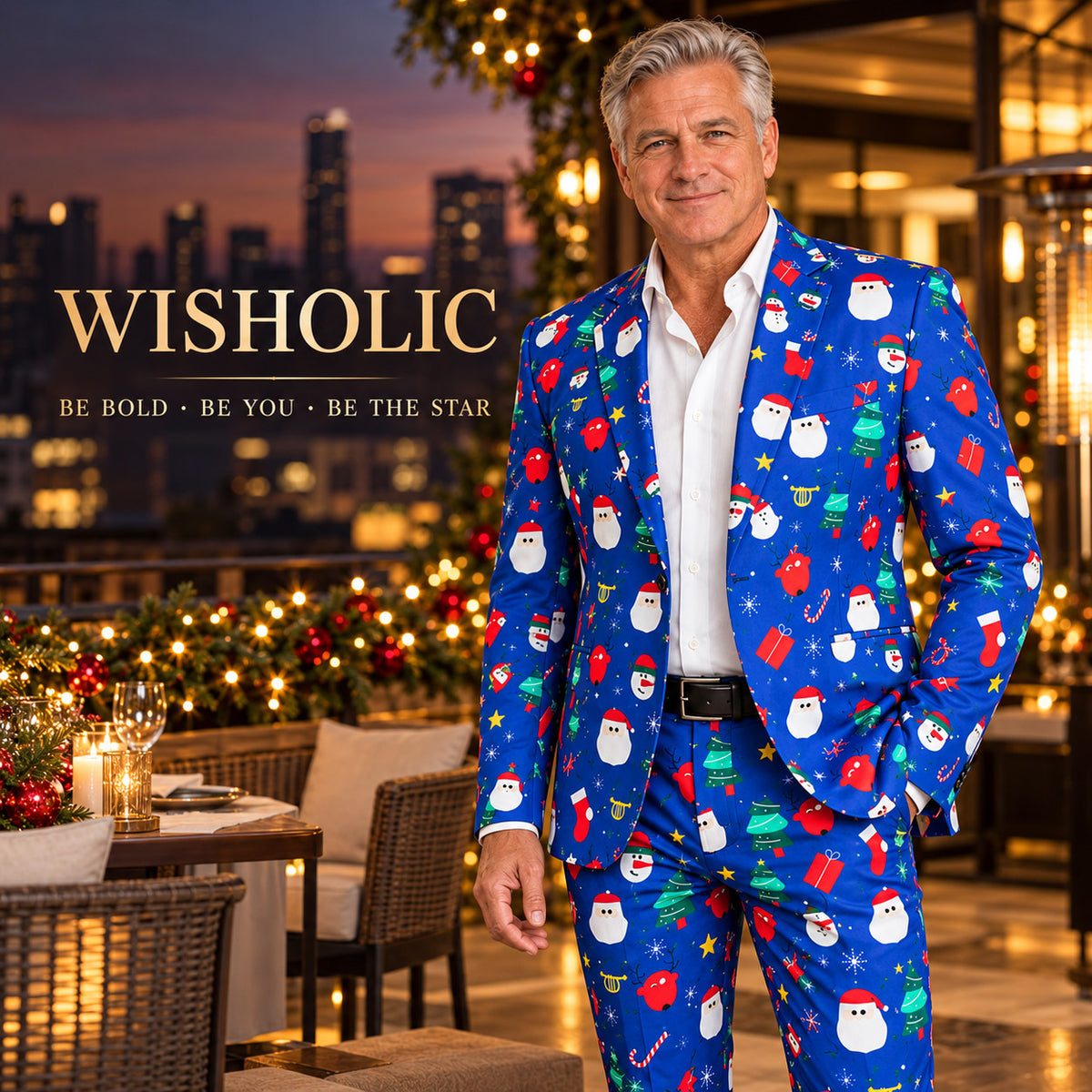 Wisholic holiday campaign featuring the signature royal blue Christmas print suit with rooftop evening city backdrop.