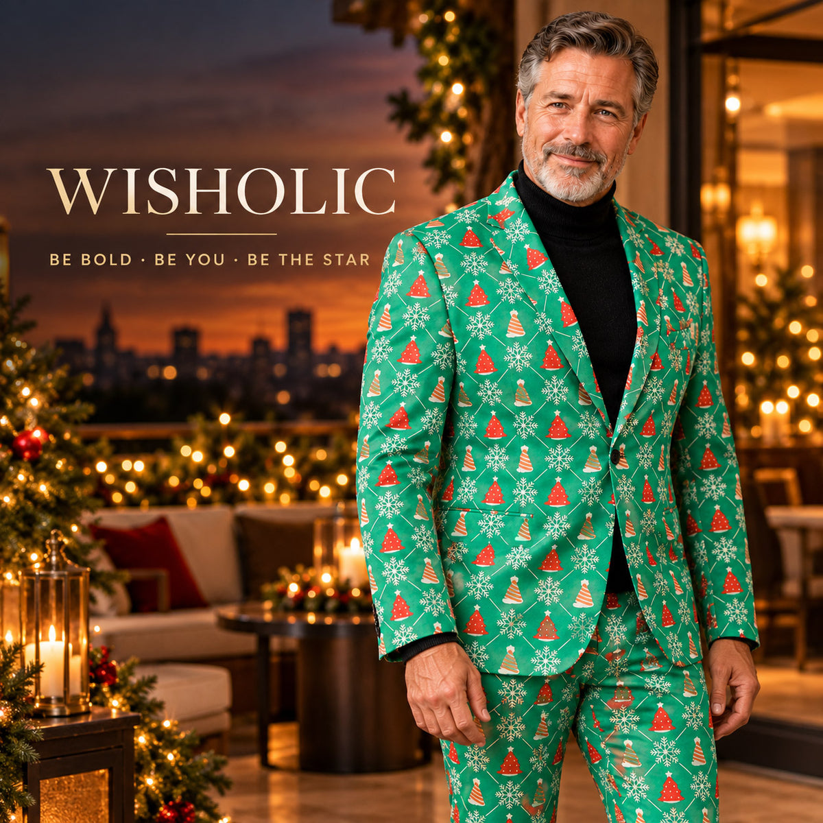Wisholic brand campaign featuring a stylish mature man in a festive green Christmas print suit on a holiday terrace