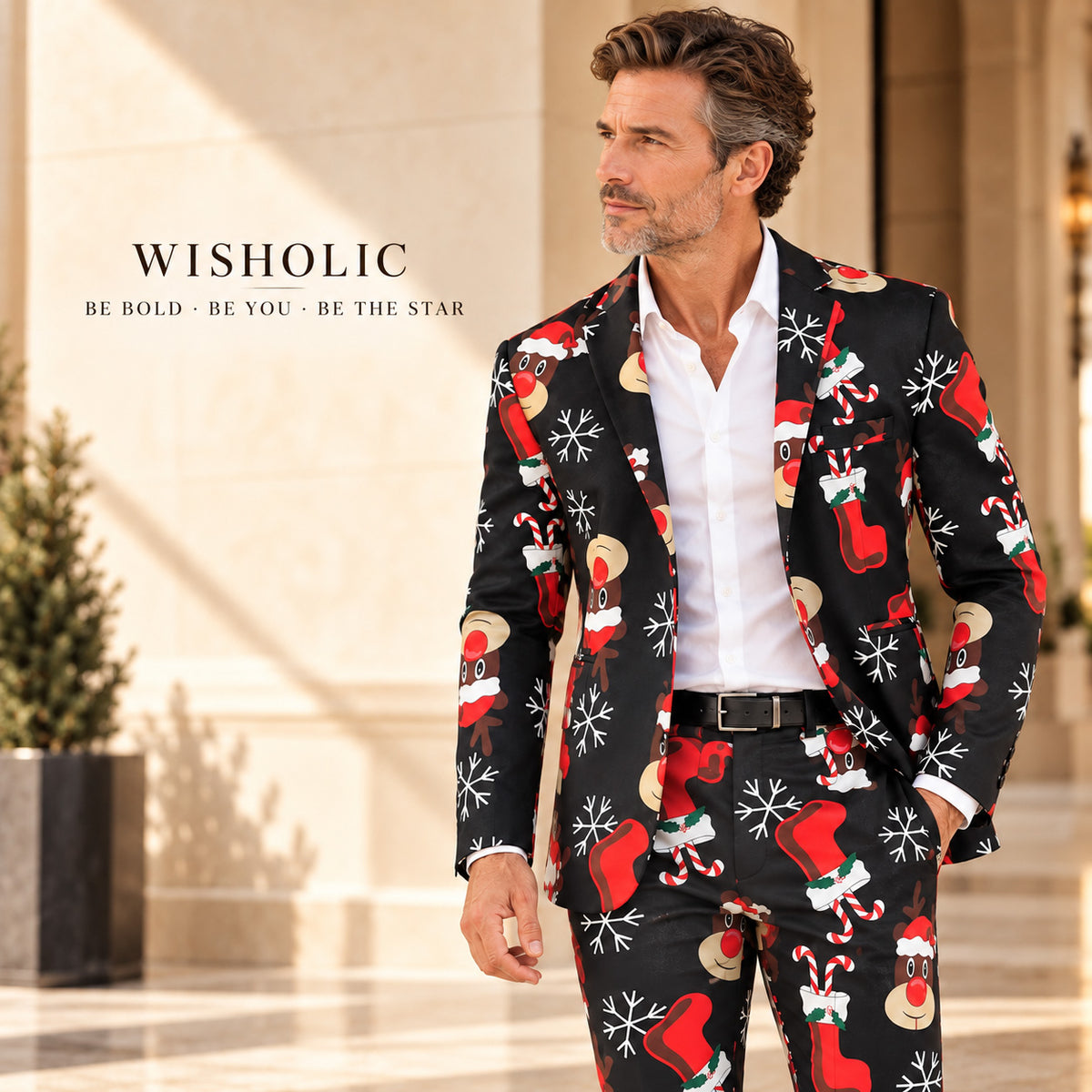 Wisholic brand banner showcasing men's bold black Christmas suit with reindeer and snowflake print.