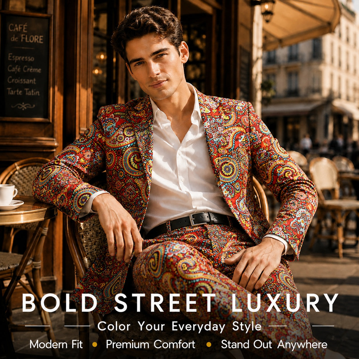 An ad image titled Bold Street Luxury showing a model sitting at a Parisian cafe terrace wearing a Wisholic artistic printed suit with an open white shirt.
