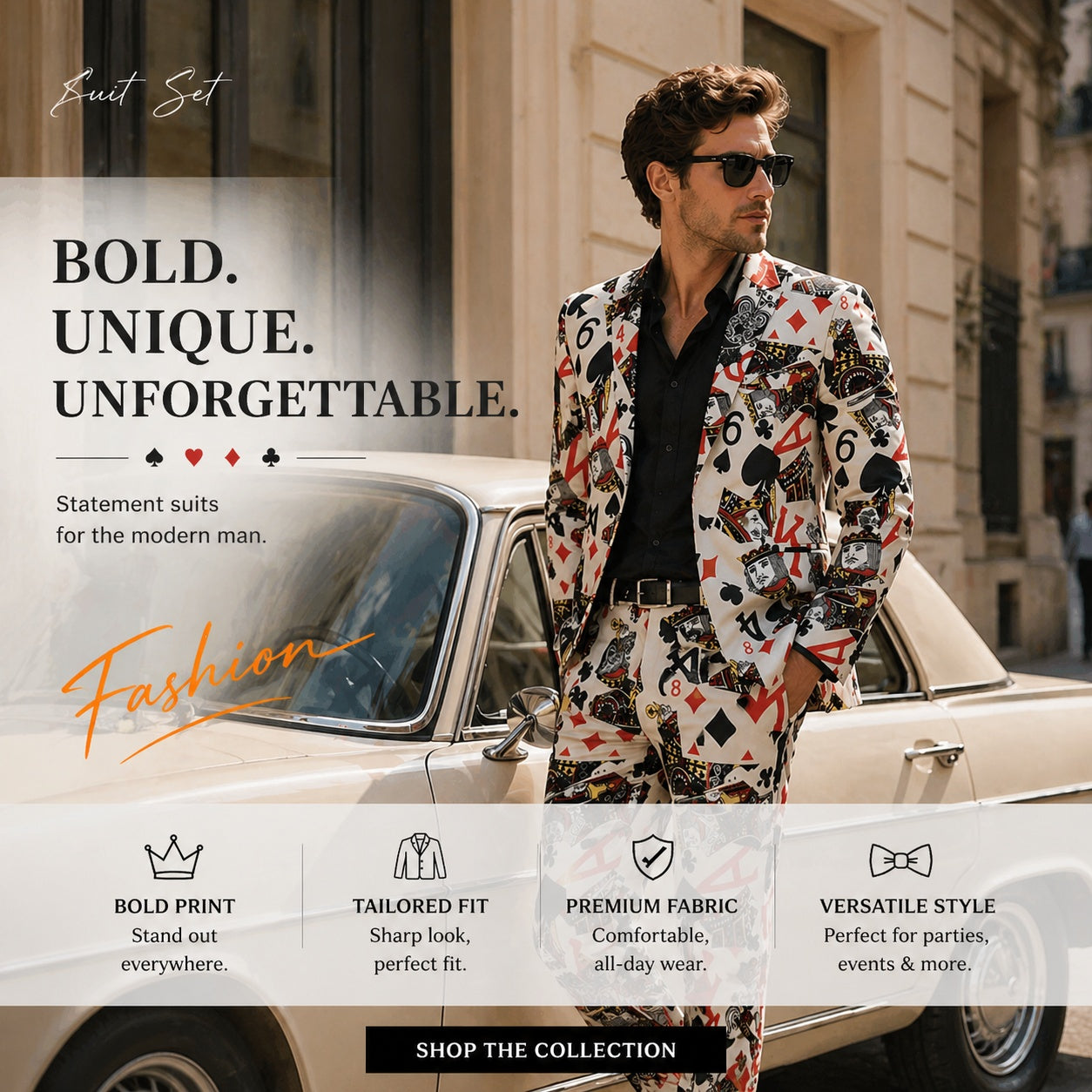 Promotional banner for Wisholic's bold and unique playing card suit collection, featuring a man leaning against a vintage car.