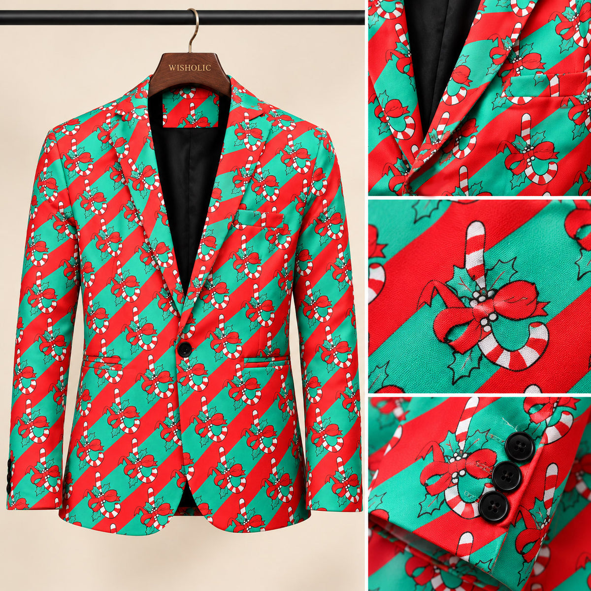 Detailed product shots of Wisholic Christmas suit jacket highlighting notch lapel, sleeve buttons, and candy cane pattern fabric