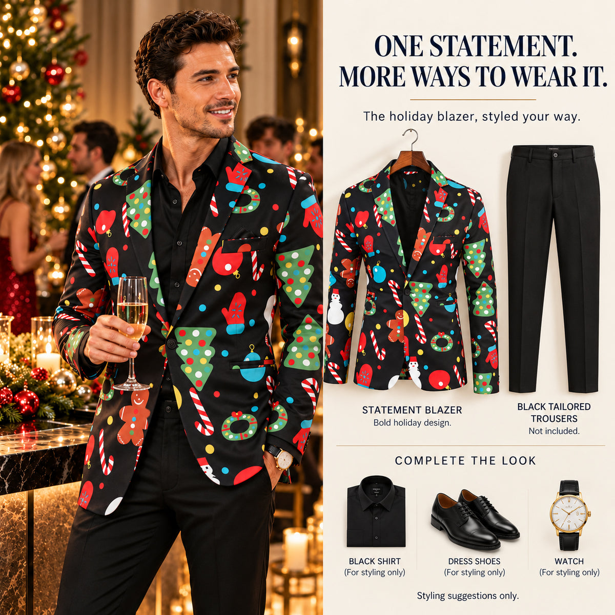 Styling guide showing Wisholic Christmas statement blazer paired with black tailored trousers
