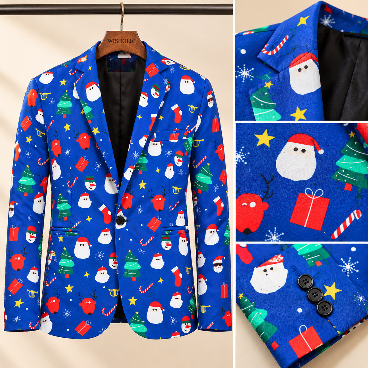 Close-up product details of Wisholic Christmas suit jacket showing notch lapel, sleeve buttons, and crisp festive print fabric.