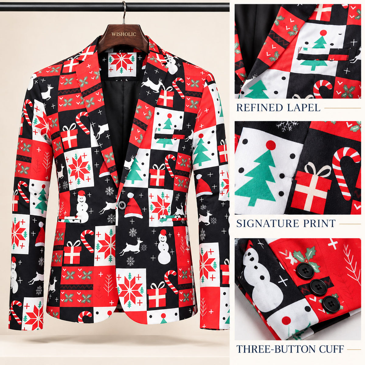 Craftsmanship details of Wisholic Christmas print blazer showing refined notch lapel, signature print, and three-button cuff