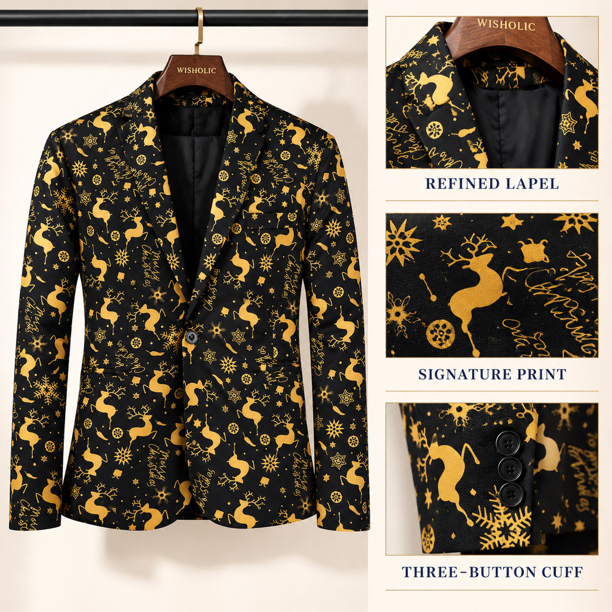 Wisholic gold reindeer holiday blazer detail view highlighting the refined notch lapel, signature festive pattern, and three-button cuff