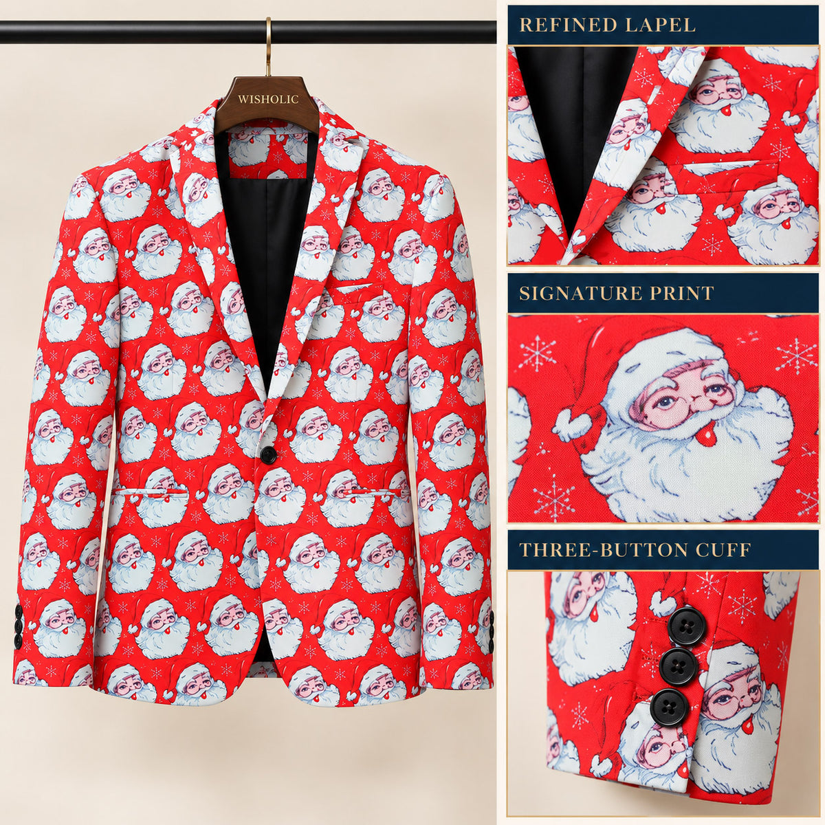 Close-up product details of Wisholic Santa print Christmas blazer highlighting refined notch lapel, signature festive pattern, and three-button cuffs