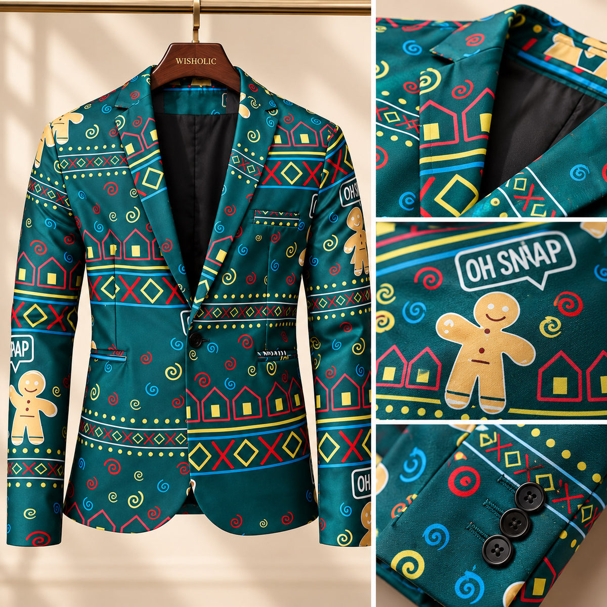 Wisholic Christmas suit blazer with gingerbread print showing lapel, button cuff, and fabric details