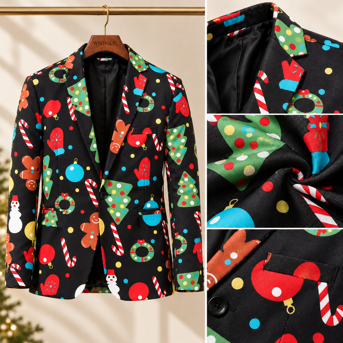 Detailed close-up view of Wisholic men's Christmas blazer fabric, lapel, and festive pattern