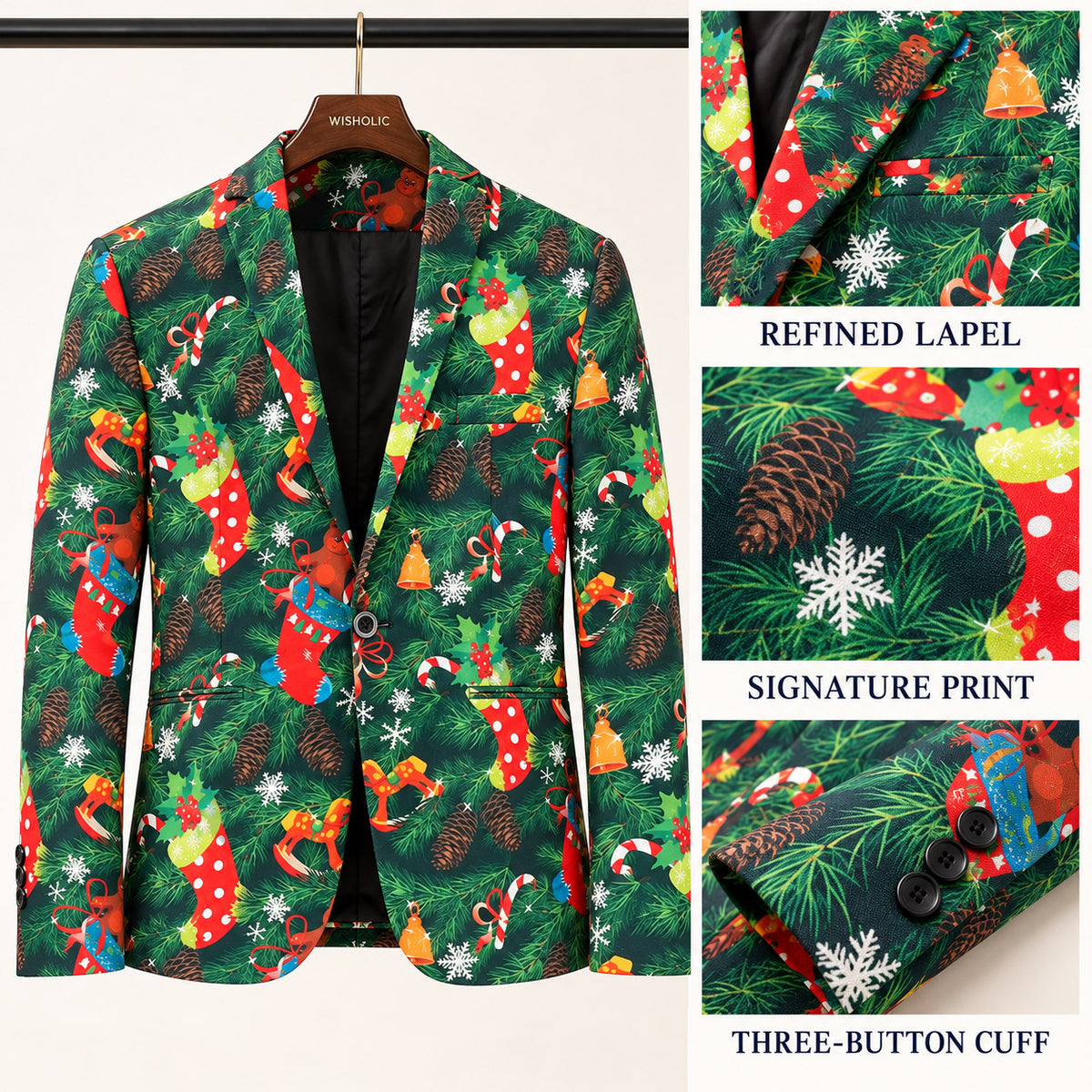 Craftsmanship detail shots of Wisholic Christmas print blazer showing the refined lapel, pine needle holiday pattern, and three-button sleeve cuff.