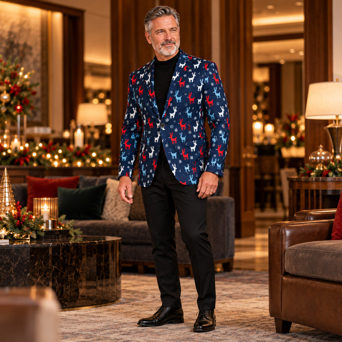 Wisholic navy Christmas blazer jacket styled smartly with solid black dress trousers and formal leather oxford shoes