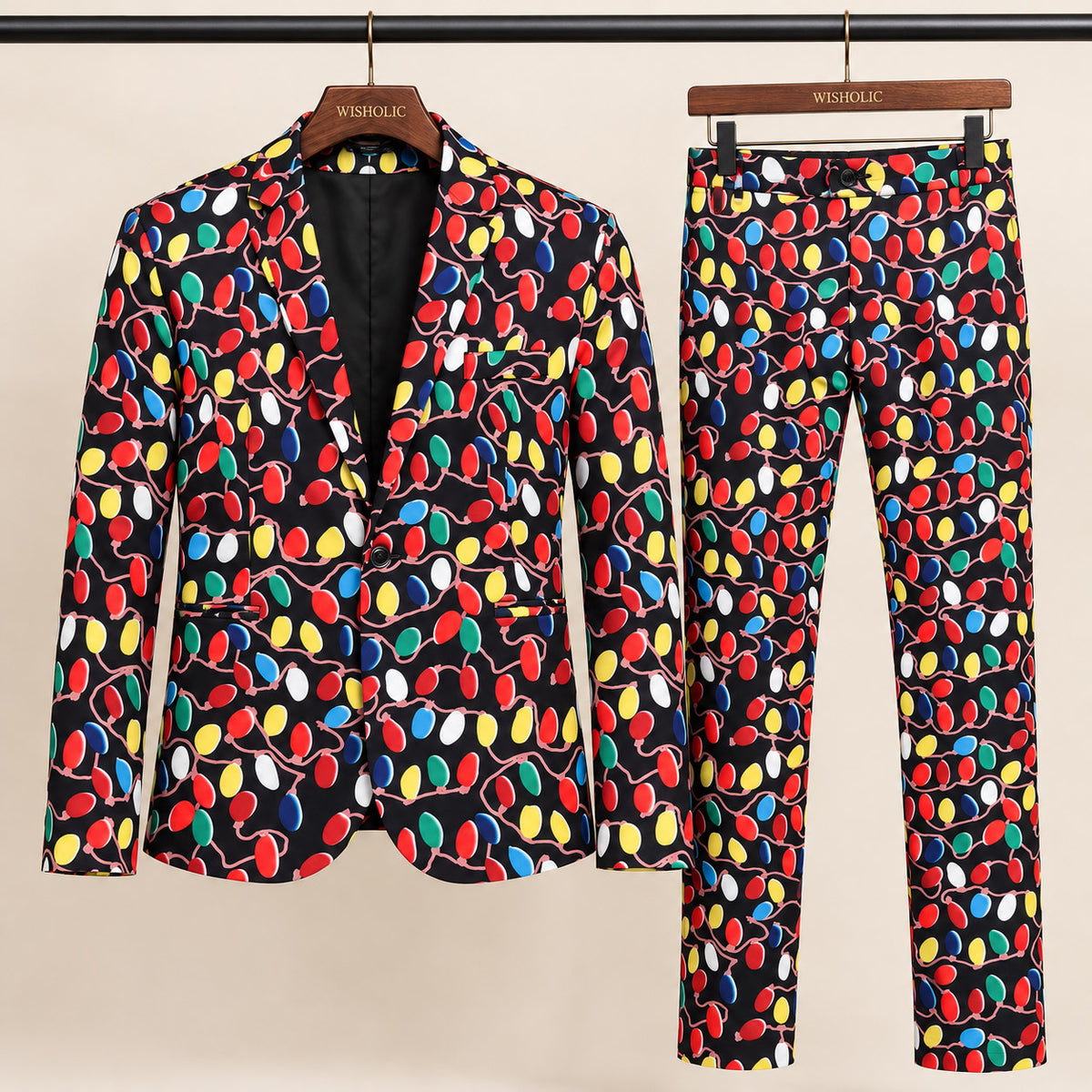 Wisholic two-piece Christmas party suit featuring vibrant holiday light bulb print jacket and tailored trousers
