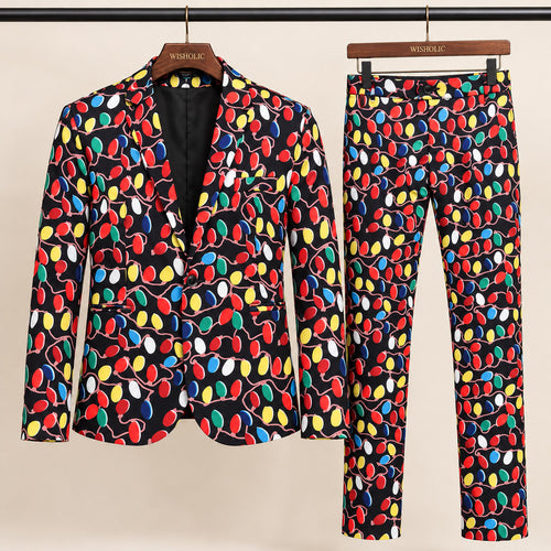 Wisholic two-piece Christmas party suit featuring vibrant holiday light bulb print jacket and tailored trousers