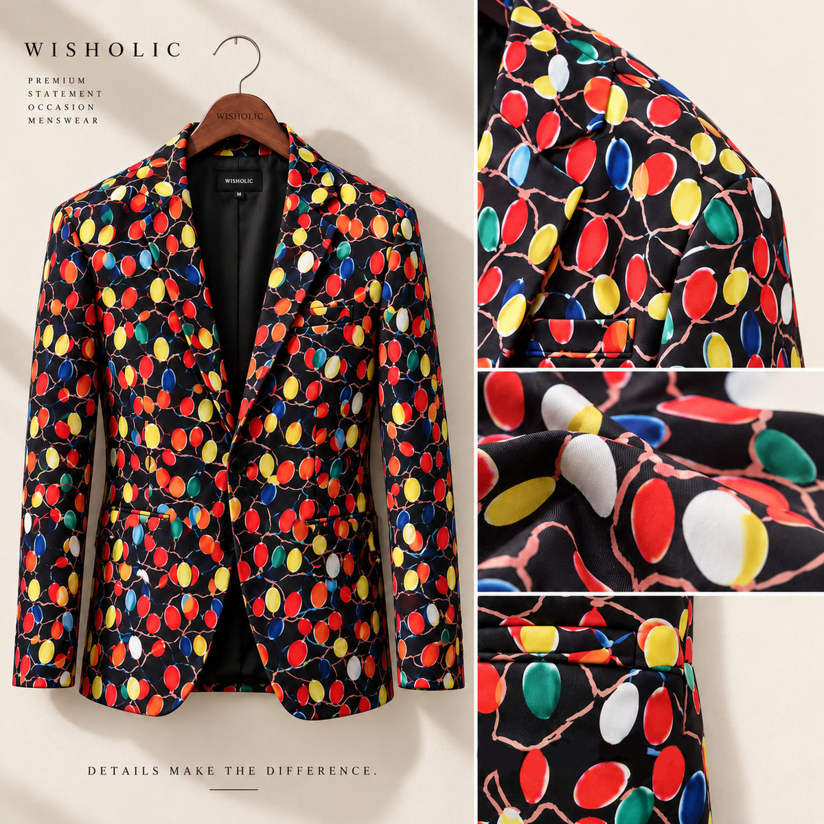 Wisholic men's Christmas lights blazer on wooden hanger with close-up details of lapel, fabric texture, and flap pocket craftsmanship.
