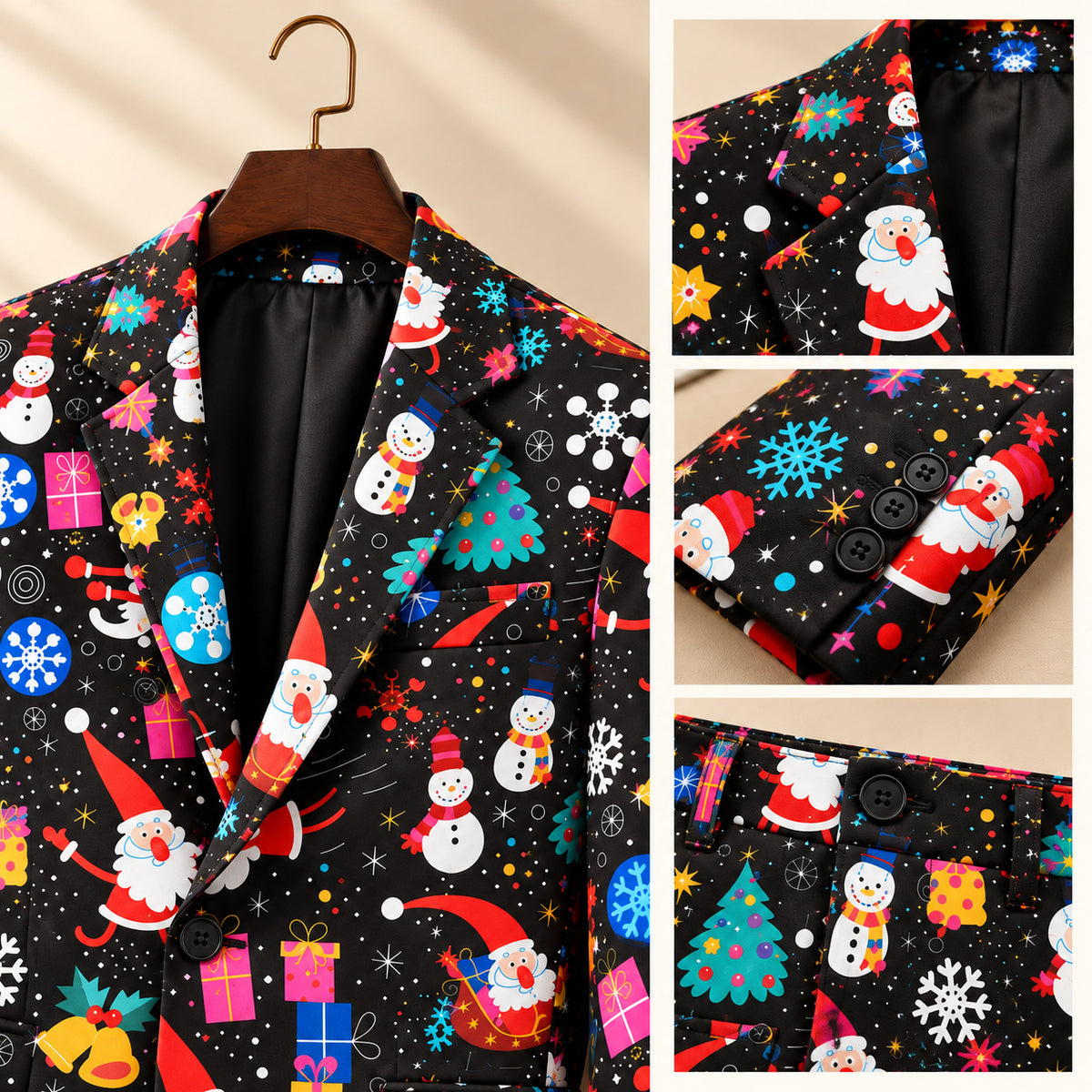 Wisholic Christmas print suit close-up details showing lapel design, sleeve buttons, and waistband.