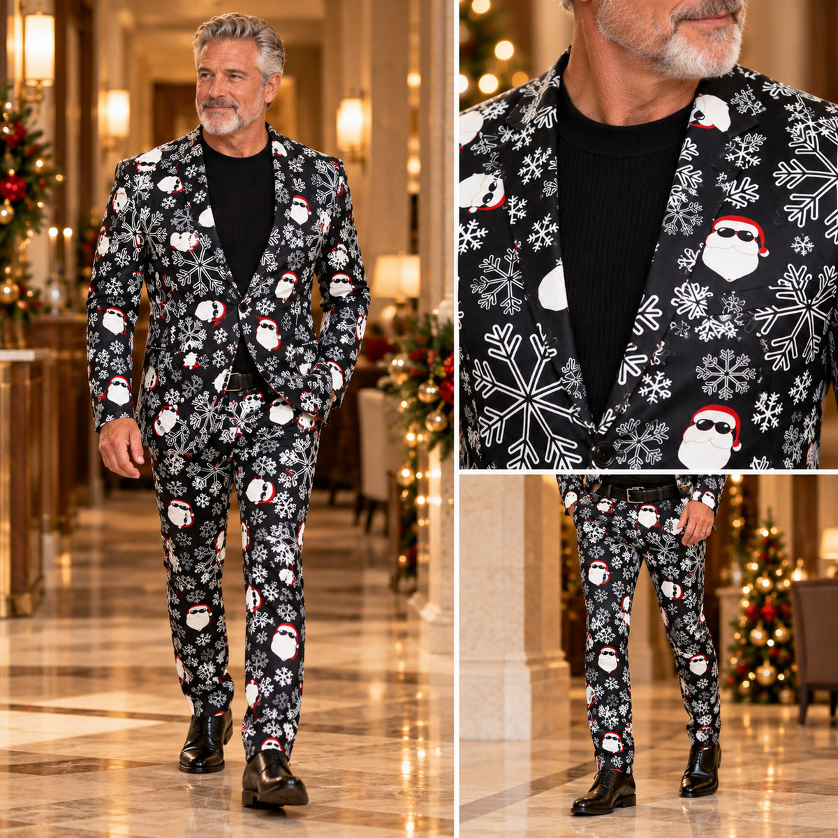 Wisholic men's Christmas holiday printed suit outfit showing full-body fit and close-up views of the tailored jacket and trousers