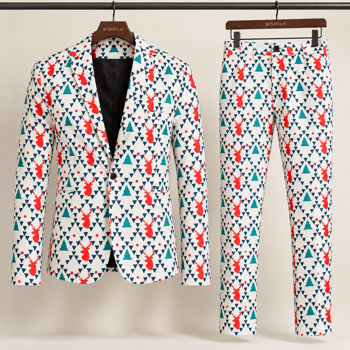 White Geometric Reindeer Print Suit