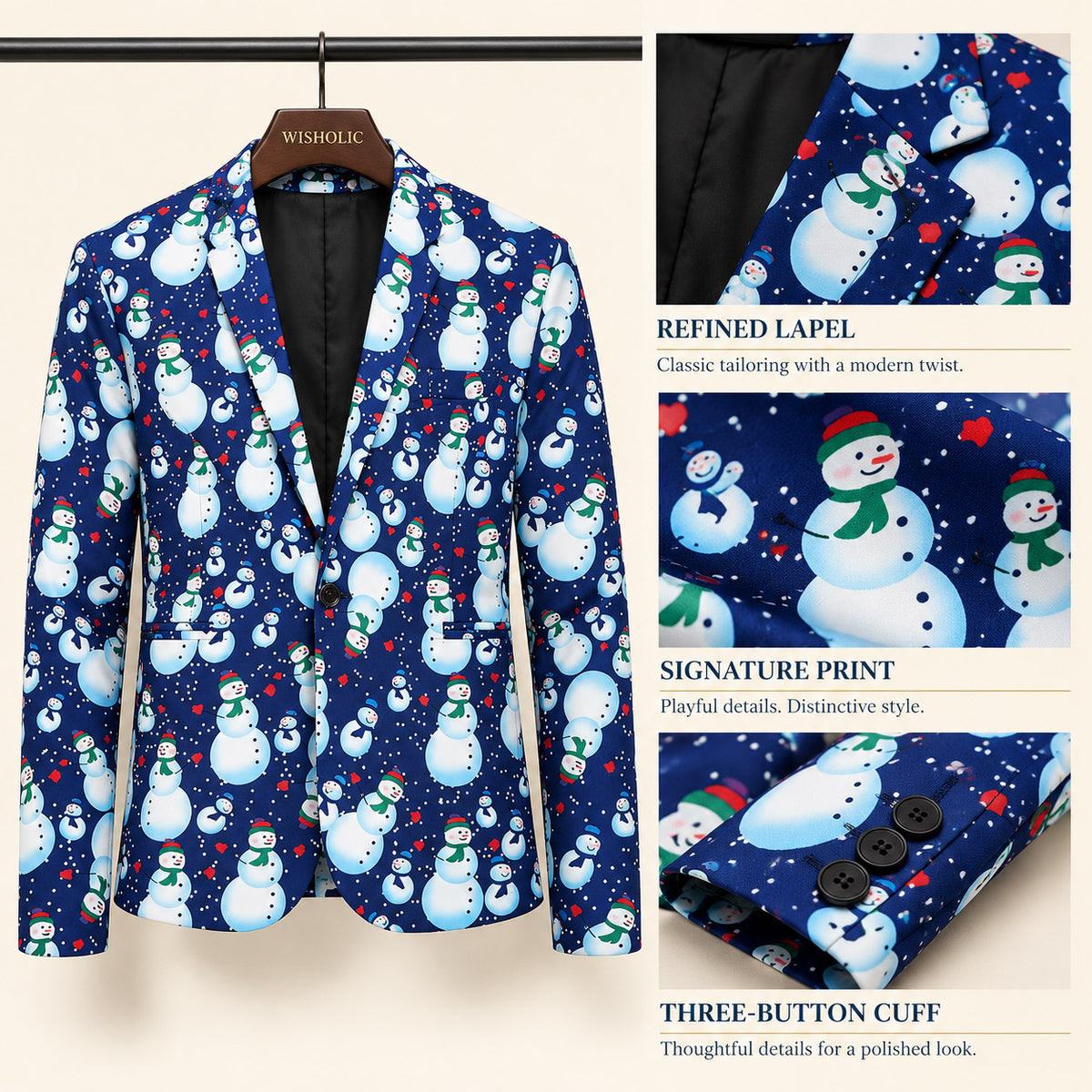 Wisholic snowman print Christmas blazer product infographic highlighting refined notch lapel, signature fabric print, and three-button cuff details