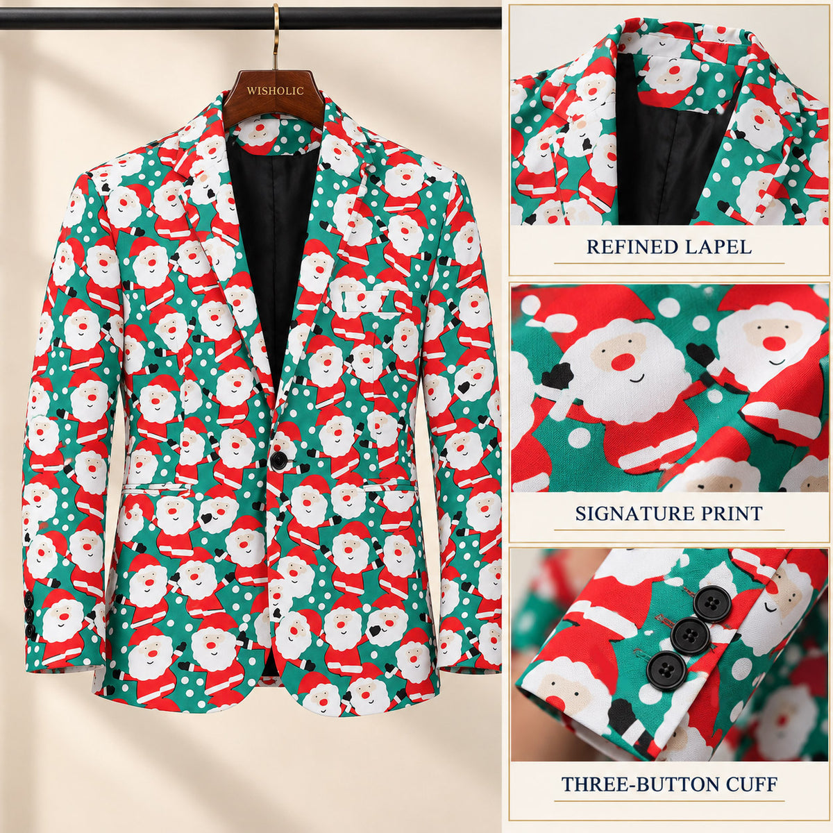 Close-up craftsmanship details of Wisholic Santa print Christmas blazer highlighting the refined notch lapel, vivid fabric print, and three-button cuffs