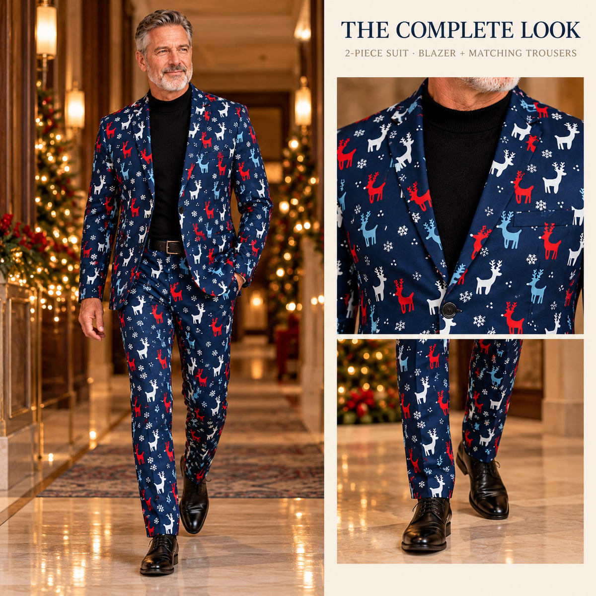 Wisholic complete look breakdown showing full body Christmas print suit pairing with lapel and dress shoe trouser cuff details