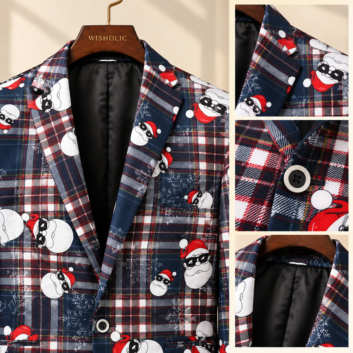 Close-up details of Wisholic Christmas suit jacket featuring collar lapel, white front button, and premium inner lining.