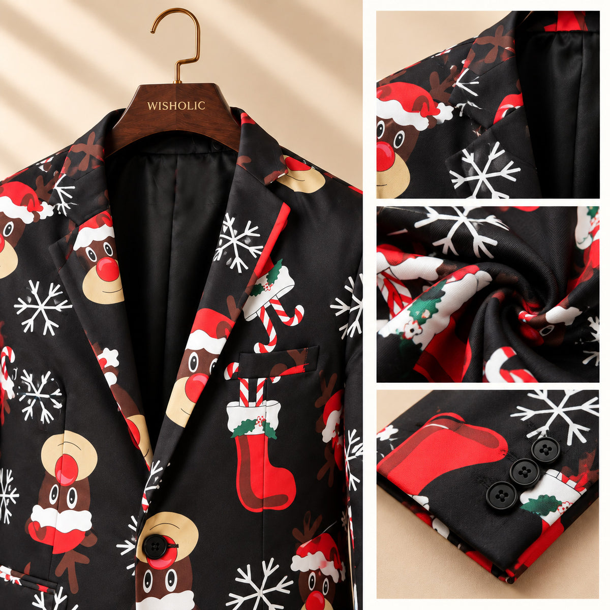 Close-up details of Wisholic Christmas suit jacket fabric, lapel, and sleeve cuff buttons.